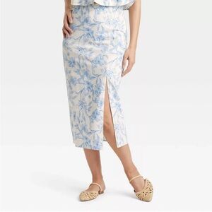 Blue & White Floral Midi Skirt - Straight Fit w/ cute slit! - Linen-esque